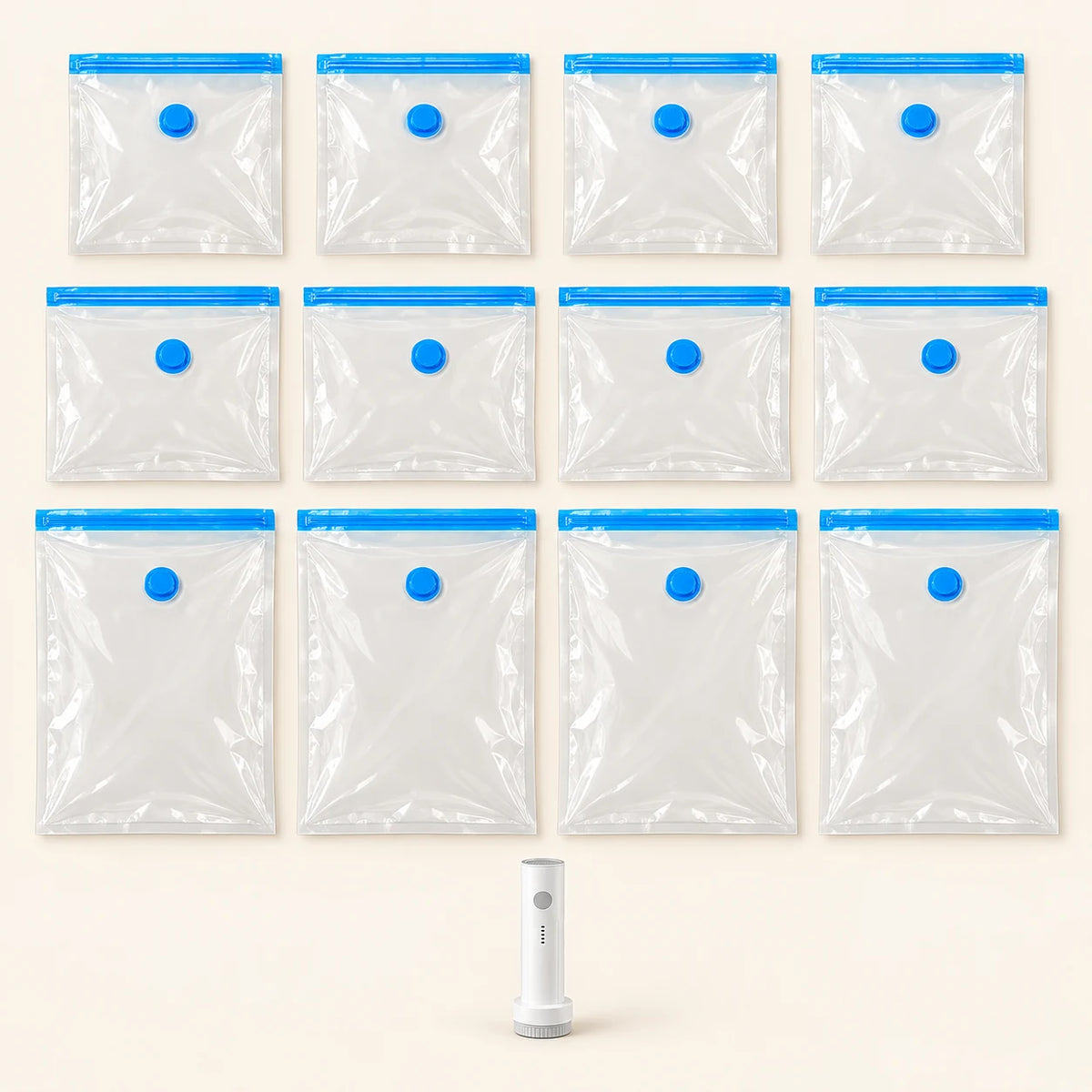 Illustrated complete set: four small, four medium, four large vacuum bags and a white pump