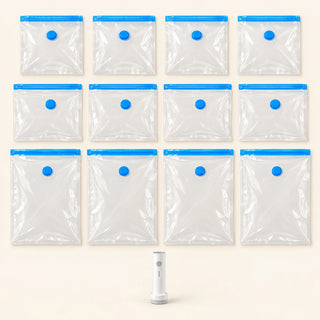 Illustrated complete set: four small, four medium, four large vacuum bags and a white pump