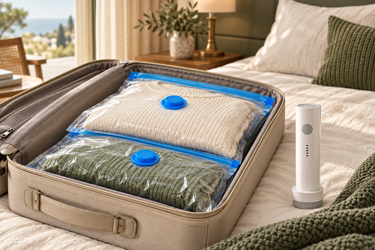 Illustrative hotel packing scene with clear vacuum bags and a white cordless pump